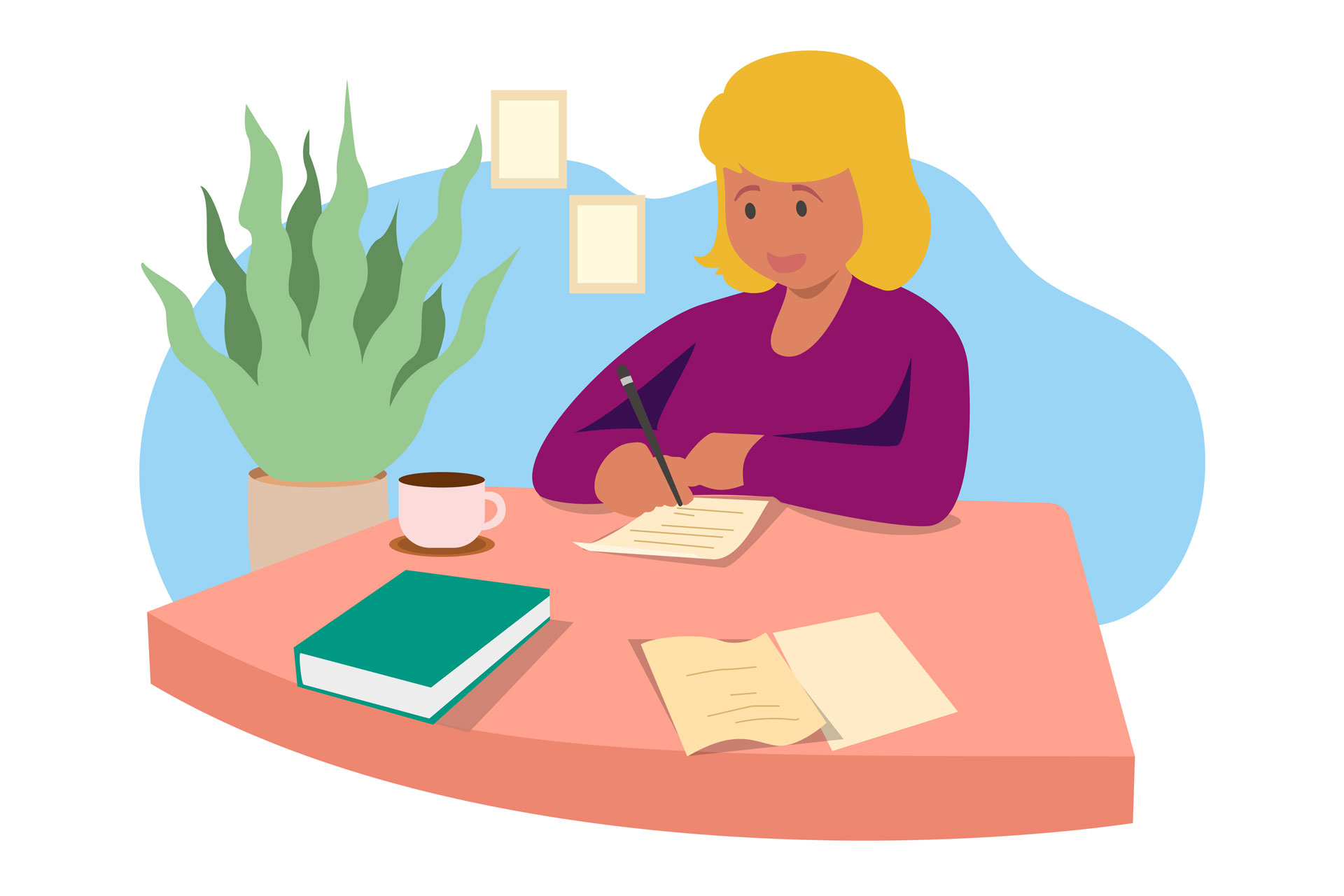Kleurige illustratie van een dame die zittend aan een tafel haar verhaal opschrijft.